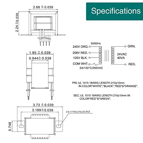 Transformador de controle 40VA, Primary 120, 208, 240V Secundário 24V, HVAC Furnace Multi Tap, 2 pacote