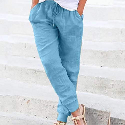 Calça de linho de algodão Kitimi Womens Solid Elastic Caist Tornozelo Capris calça calças de moda de verão com bolsos