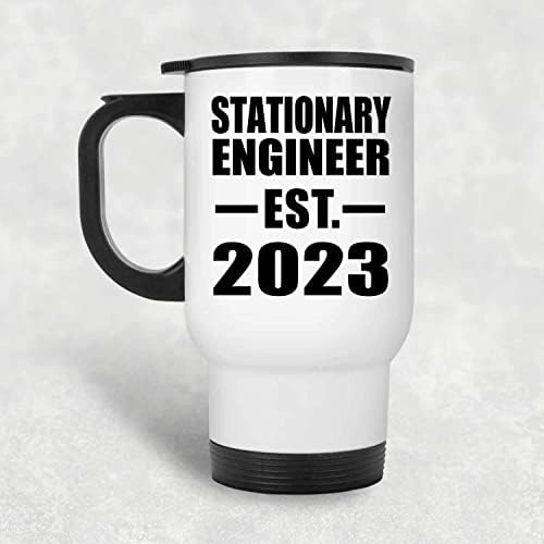 Designsify engenheiro estacionário estabelecido est. 2023, caneca de viagem branca 14 oz de aço inoxidável copo isolado,