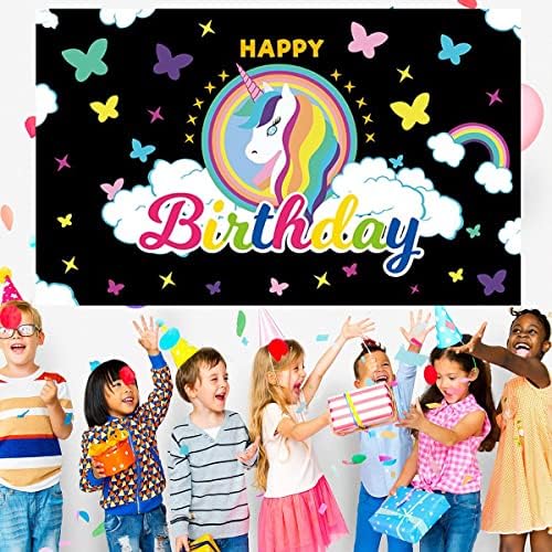Rainbow Unicorn Birthday Birthday Cenário Unicórnio de Feliz Aniversário Decorações de Festas Preto Cuidado Rainbow Stars