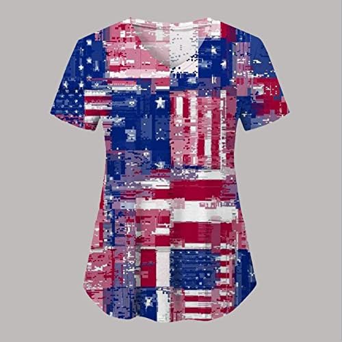 4 de julho Camisas para mulheres American Flag Summer Manga curta V camisetas pescoço com 2 bolsos Bloups Holiday Casual