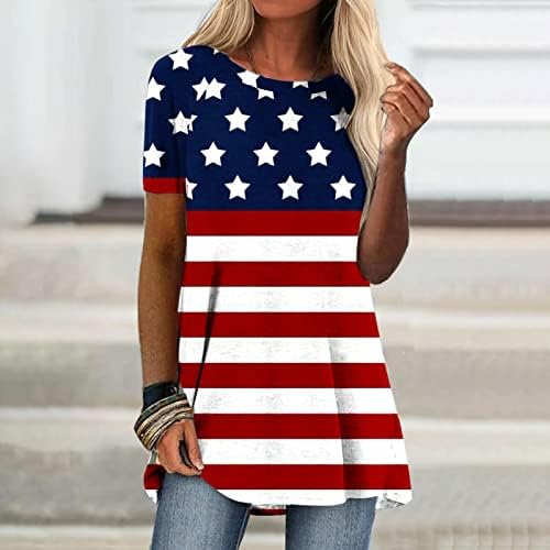 Túnica de bandeira americana feminina Top Top Summer Casual Manga curta Crewneck Print Tshirts Tops de blusa solta