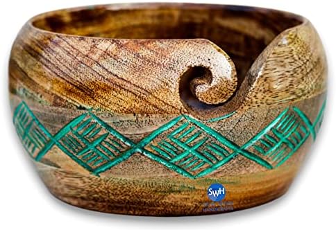 Moldura de madeira maciça tigela de fios de madeira feita à mão - Manga Wood Antique Crafted Yarn Bowl para tricô e fios