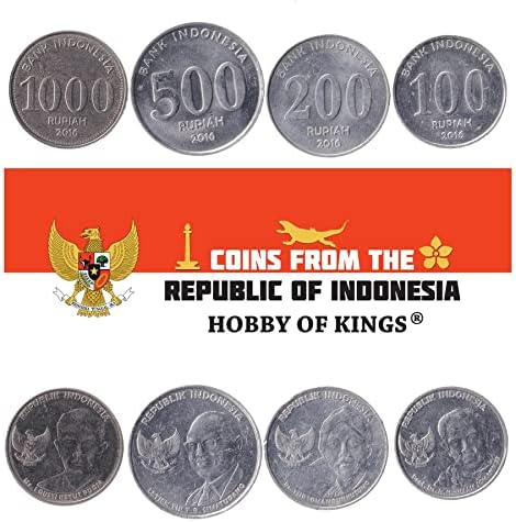 4 moedas da Indonésia | Coleção de moedas da Indonésia 50 100 200 500 Rupiah | Circulado 1999-2005 | Jasmim | Oriole de taco preto | GARUDA PANCASILA | Palmeira cacatua | Bali Myna