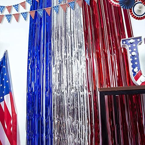 2 pacote de 3,2 pés x 9,8 pés 4 de julho Patriótico American Flag Metálica Fringe Curtain, Blue Red Silver Tinsel Cortinas