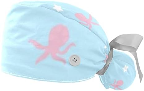 2 pacotes Octopus Starfish Nurse Scrub Caps Cabelos longos, Chapéu de caveira de amarração ajustável, tampa de cabeça