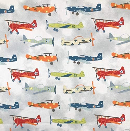 1/2 jardas - aviões vintage aviões em tecido de algodão cinza claro 1/2 jardas x 44