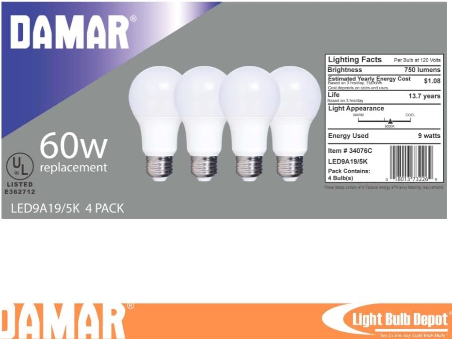 Lâmpada LED de Damar A19, 9W, 5000K, 750 lúmens, base E26, UL listada, 4-pacote não minúsculo para casa e escritório
