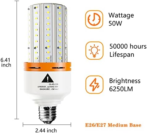 Lâmpada de LED, 400W equivalente 6250 lúmen 5000k lâmpada LED super brilhante, lâmpada de milho médio e 26/e27 de 50W de milho de milho de milho para a área de lâmpada de garagem de lâmpada interior externa da área de armazém de garagem