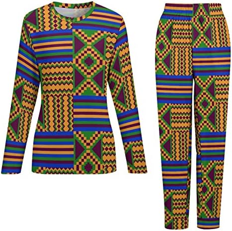 Pijama feminino de impressão de Kente africano Conjunto de 2 peças de manga longa e calças de manga longa e calças
