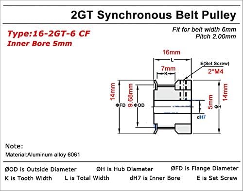 Polia Pnloog-Timing Black 16 dentes 2mgt 2gt Polia de tempo, furo 5 mm, pequena reação para 2m GT2 Open Síncrono Cinturão, Largura 6mm 16teets 16t