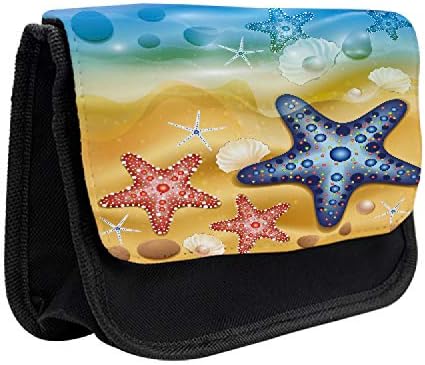 Caixa de lápis oceânica lunarável, praia de areia de estrela do mar colorida, bolsa de lápis de caneta com zíper duplo, 8,5 x 5,5, âmbar e azul