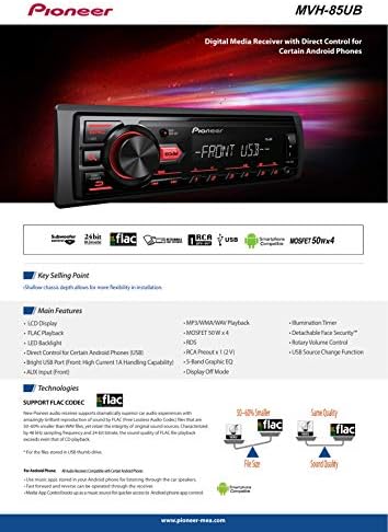 Pioneer MVH-85UB Digital Media Car Receptor estéreo, USB, Auxiliar, reprodução de MP3, Mixtrax, Media App Control, Siri Eyes Free Compatible