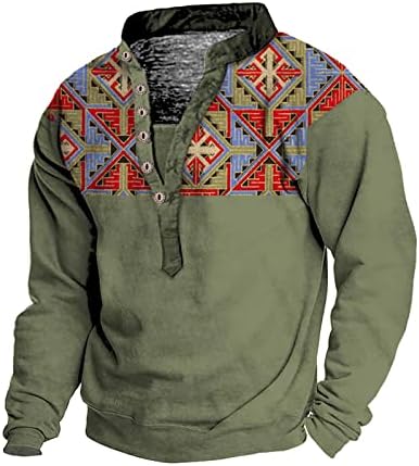 Pullover impresso para homens, padrões de astecas étnicas Henley camisa de manga comprida camisa para cima blusa casual