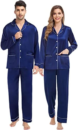 Casais swomog correspondente pijamas conjuntos de seda cetim de manga longa para dormir botão de cetim para baixo para baixo