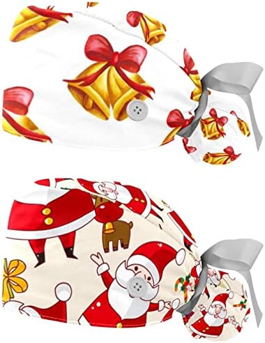2 pacotes Caps de trabalho ajustáveis ​​Capas de bouffant com botão com botão Trecy Trey Back Scrub Hats Women Feliz Natal