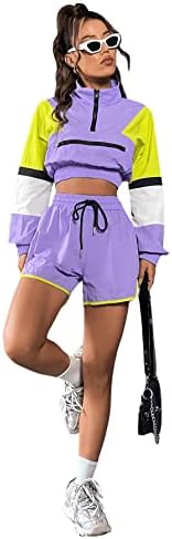 Sweatyrocks Feminino de 2 peças de traje colorido de colorido meio zip colheita de moletom e shorts de cintura de cordão