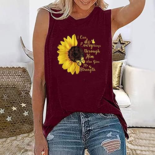 Tanque de verão feminino tampas sem mangas o pescoço de camiseta de pescoço top top casual solar bloqueio gráfico de girassol