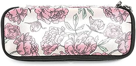 Caso de lápis de couro grande capacidade de caneta marcador de maquiagem bolsa de maquiagem, aquarela Pink Flowers Plants Plantas de armazenamento grande organizador