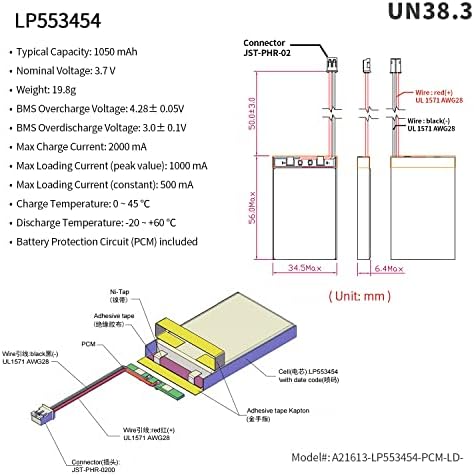 Bateria de polímero de lítio EEMB 3.7V 1050MAH 553454 Bateria recarregável Lipo com conector JST de arame para alto-falante