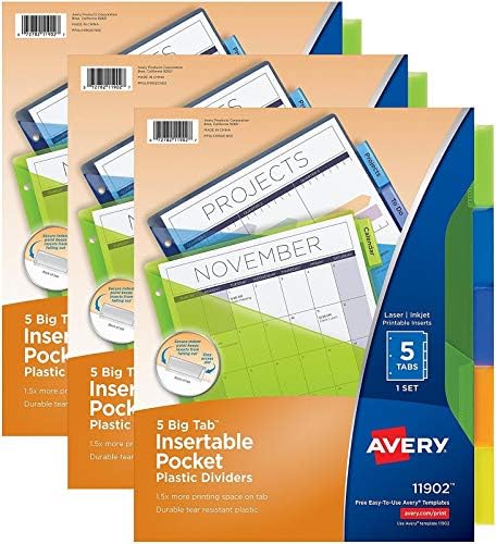 Avery Big Tab Divisadores de plástico inseríveis com bolsos, 5 guias multicoloridas, pacote de 3