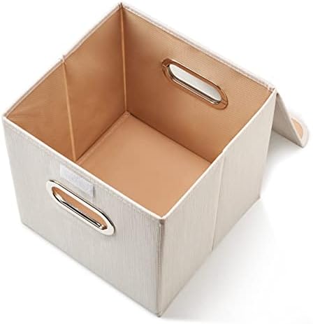 EZARARE 4 PC CUBE BETAS DE CESTÃO DE ARMAZENAGEM COM TIDA, CUIXAS DOBRADOS DE TABELO DE LINHO DE BAMBOO CUIXAS DE CUBES DE CUBES - BEIGE, 9,8 x 9,8 x 9,8 polegadas