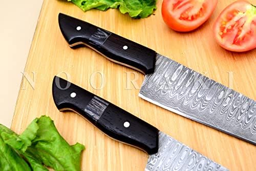 NOORAKI KS-337 Hand forjado Damascus Steel Chef Knife 2 peças conjuntos com belo padrão de escada e bainha de couro, facas