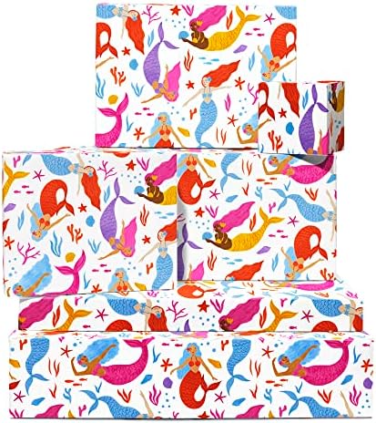 Papel de embrulho de sereia 23 Central - 6 folhas de embrulho de presente de aniversário com tags - para crianças meninas - vem com adesivos divertidos - reciclável