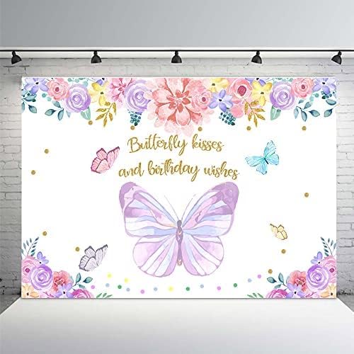 Mehofond Butterfly Birthday Birthday Bornicrop for Girl Butterfly Party Decoration roxo rosa Floral Butterfly Kisses e Birthday Wishes