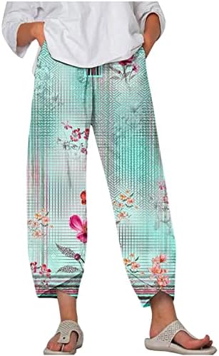 Calça de perna larga de tunuskat para mulheres calças de linho de algodão largura de pernas largas de verão impressão de verão Capri Pants Boho Yoga Capris