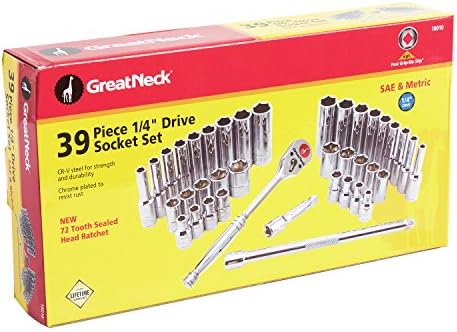 Greatneck 18010 39 peças SAE e conjunto de soquete métrico, unidade de 1/4 de polegada | Ferramenta obrigatória para cada