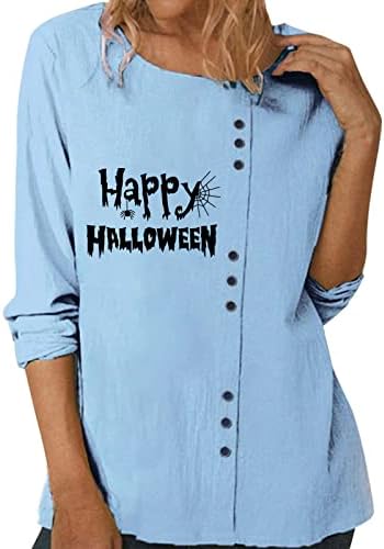 BEUU Business Casual Imprimir camisetas camisas de Halloween para mulheres Manga longa o Pescoço Tops de linho de algodão Bloods Down Bloups