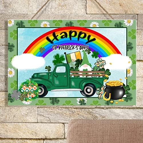 Crugador de caminhão verde de St.Patrick, gnomo de madeira Placa de parede de madeira Pote de sorte de ouro arco -íris de