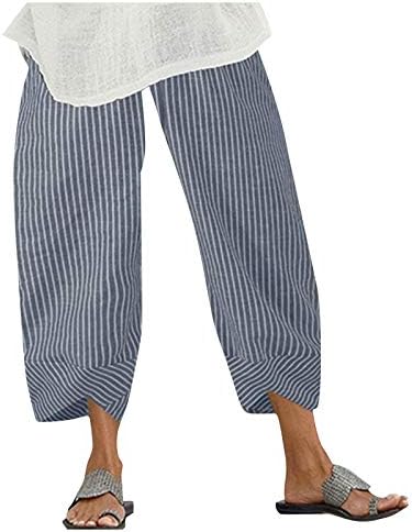Calça de linho de algodão Capri Pants Womens Summer Casual Capri Pants com bolsos de cintura alta calças de praia confortáveis