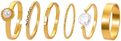 2023 Novo conjunto de anéis geométricos de pérolas vintage de anéis de 6 peças para mulheres, grande anel de presente