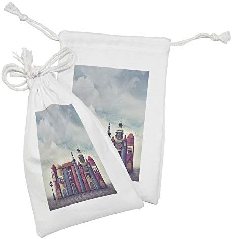 Ambesonne Fantasy Fabric bolsa Conjunto de 2, cidade com edifícios antigos de livros de livros e pássaros nublados da literatura da