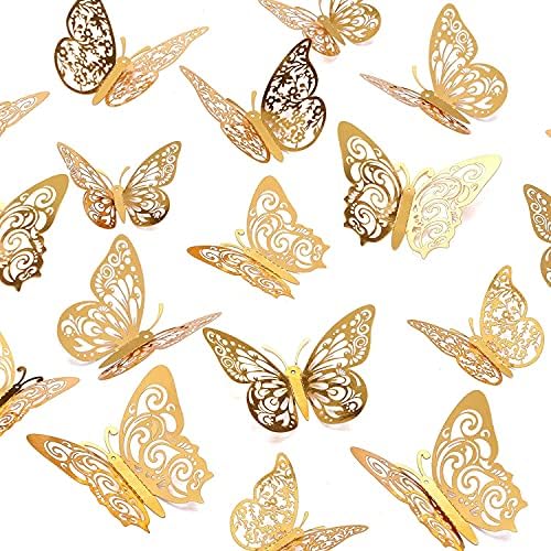 Crosize 72 PCs Decorações de borboleta dourada, 3 tamanhos 4 estilos, decoração de parede de borboleta 3D, decorações de festas de borboleta, decorações de aniversário, borboletas para artesanato, decoração de bolo, adesivos de parede decoração de quarto para chá de bebê garotas crian