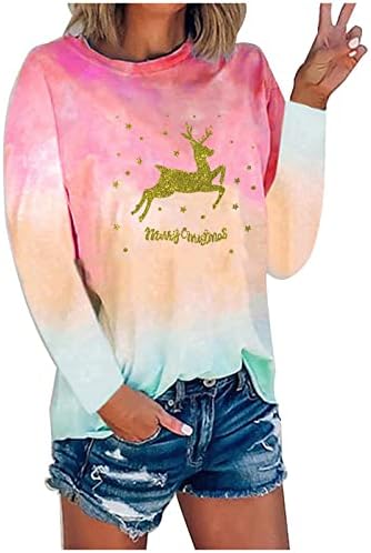 Top imprimível para feminino Feliz Natal, Mulheres de rena gradiente colorido colorido de manga comprida Pullover confortável solto