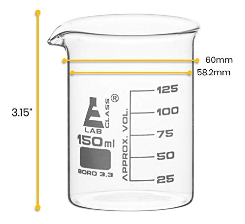 Beaker, 150ml - estilo griffin, baixa forma com bico - branco, 25 ml de graduação - borossilicato 3.3 vidro - Eisco Labs
