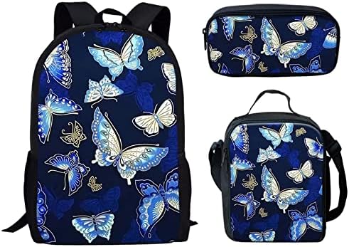 Mochila de borboleta azul de FORCHRINSE com caixa de lancheira personalizada com zíper para meninos meninas 3 peças mochilas combinadas