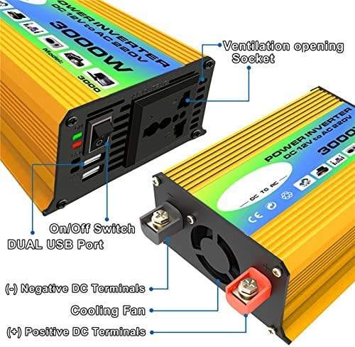 Inversor de energia portátil 3000 watts Adaptador de plugue de carro Conversor 12V DC a 110V 220V AC com exibição de LED portas de carregamento rápido duplo