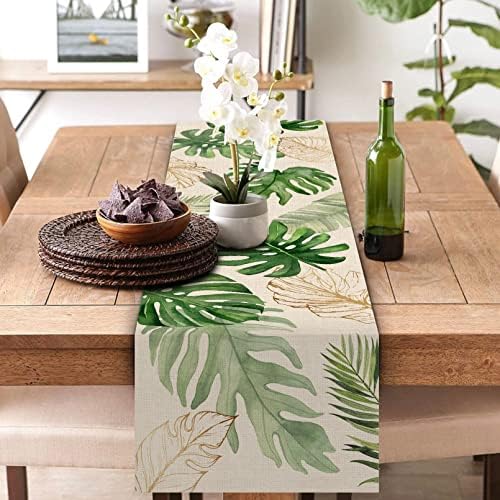 Seliem Summer Palm Leaves Tropical Greenery Table Runner, Monstera Home Kitchen Dining Plant Decor, Decorações sazonais de