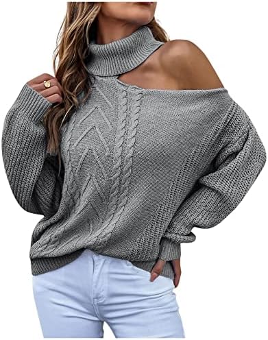 Pullover de suéteres femininos e inverno sexy lapela vazamento de ombro de cor sólida pullover de malha de malha leve