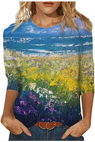 Camiseta feminina pintando camisetas gráficas camisetas de tripulação 3/4 mangas tops 2023 blusas da primavera no verão