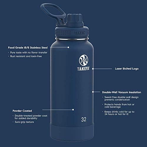 Takeya Originals Vacuum isolado aço inoxidável garrafa de água, 18 onças, Ocean & Actives Isollente Stainless Aço Water Bottle com tampa de bico, 18 onças, meia -noite