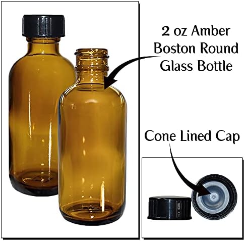 GBO Glassbottleoutlet.com 2 oz. Amber Boston Round com boné de cone preto