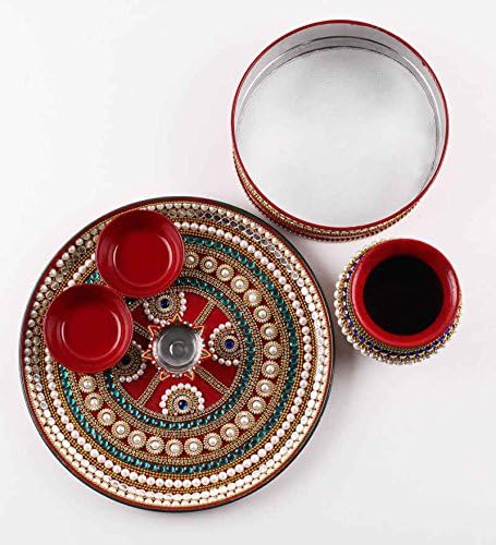 Itiha pérola e pedras cravejadas karwachauth/karvachauth indiano tradicional decorativo pooja thali belo presente étnico/kankavati/handicraft/karwachauth