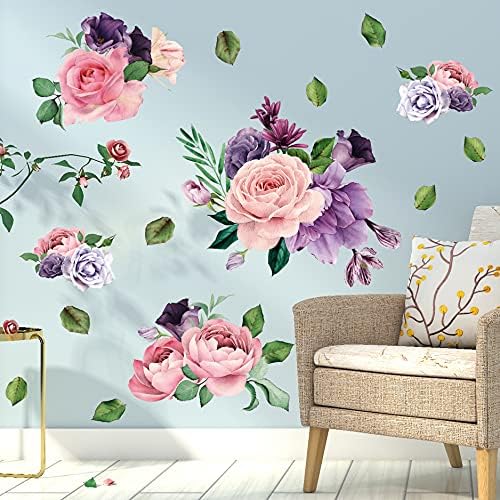 Decalques coloridos de parede de rosa peônia 3d adesivos de parede de flores de peônia diy flores removíveis folhas verdes plantas