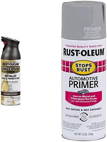 Rust-Oleum 249131 11 oz Universal Toda a tinta spray de superfície, óleo Metallic Bronze Metallic & 2081830 Pares Rust Automotive Primer, 12 onça, cinza claro, 12 fl oz