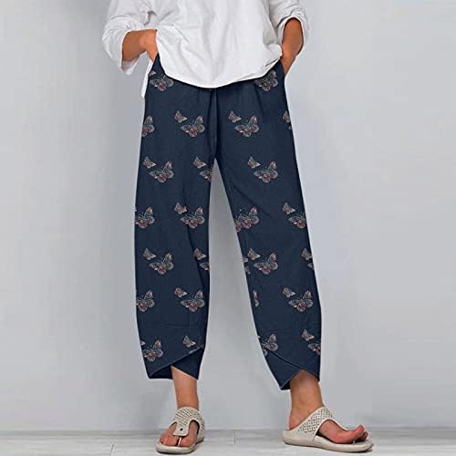Calças de linho de algodão casual de verão para mulheres calças de perna reta larga de cintura alta com bolsos de conforto